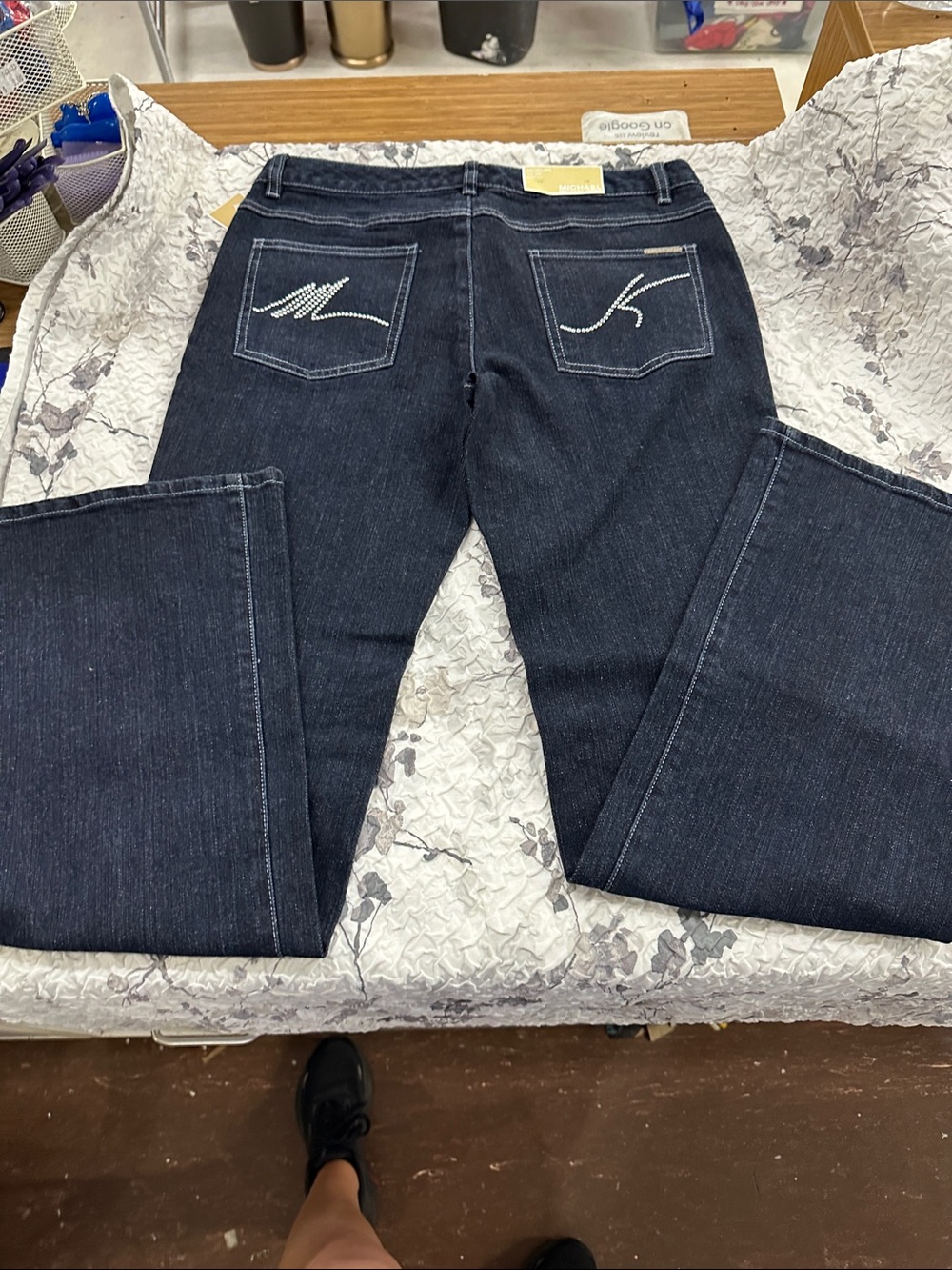 Michael Kors Dark Indigo Boot-Cut Jeans with Embellished Back Pockets